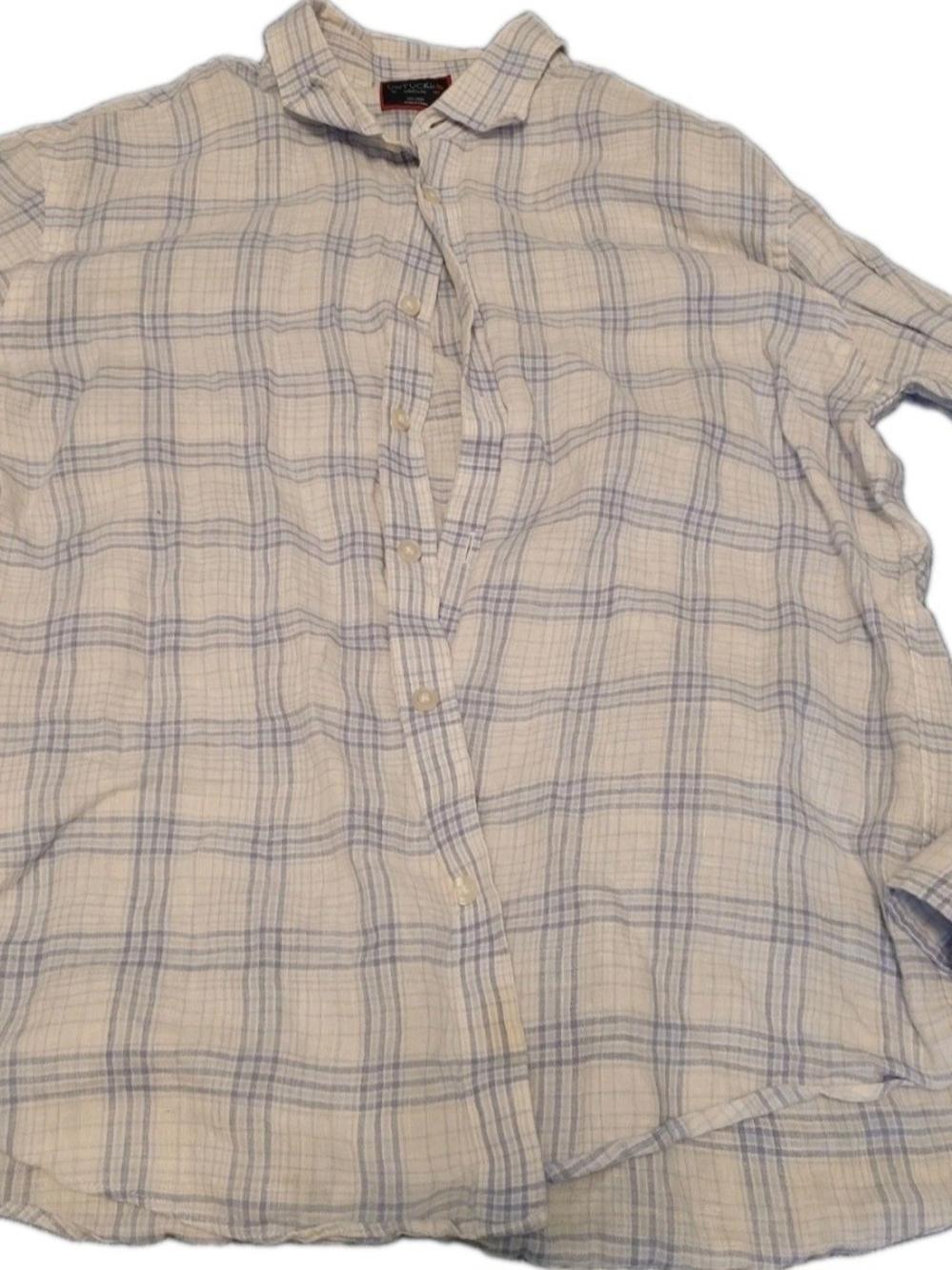 UNTUCKit Men’s Medium White Blue Plaid 100% Linen Long Sleeve Button Up Shirt